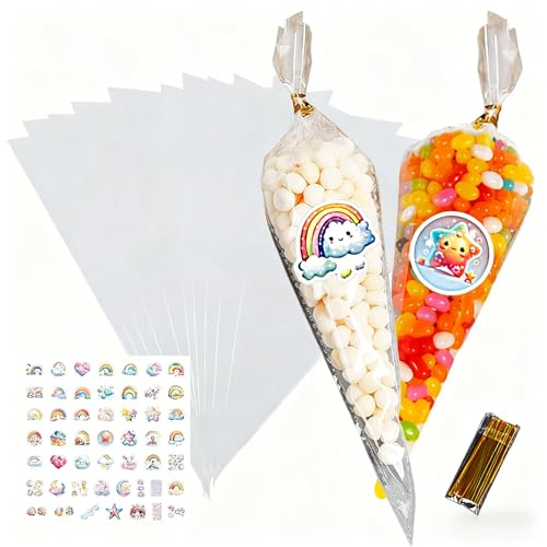 100 Stück Süßigkeiten Tüten Mit 100 Geschenkaufkleber, 25x13 Cm Spitztüten Mit 100 Twist Ties, Cellophantüten Für Weihnachten Hochzeit Ostern