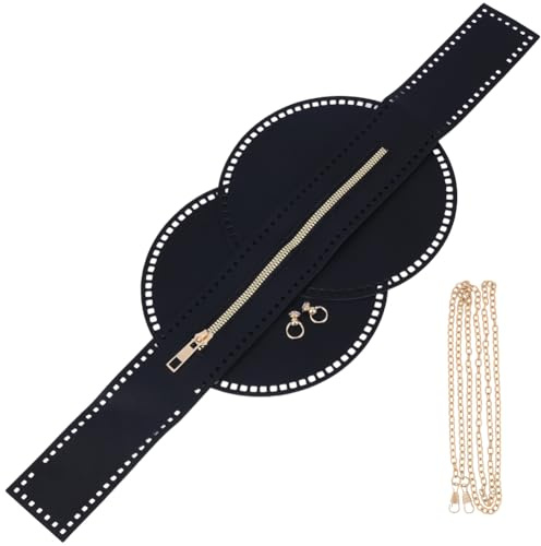 CALFOVERA Kit de Base para Bolso de Mano Redondo de Cuero Sintético, Almohadilla Moldeadora de Ganchillo Hecha A Mano, Correa de Cadena para Bolso Cruzado con Cierre de Cremallera (Negro)