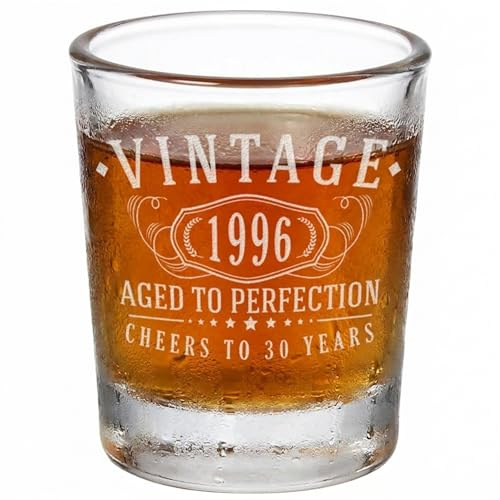 Vintage 1996 Etched 2.5oz Shot Glass – Happy 30th Birthday Gifts for Men Women, Cheers to Turning 30 Year Old Man Decoration Decor, Anniversary Bday Party Supplies Favors Gift Idea Him 1.0