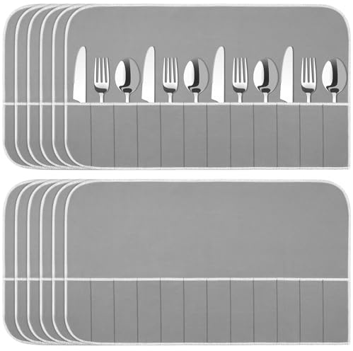 Hillban 12 Pcs Anti Tarnish Silver Storage Bags Silver Storage Cloth Felt Flatware Organizer Anti Tarnish Protector Bags Place Setting Roll with White Ribbon for Kitchen Cutlery (12 Slots,Grey)