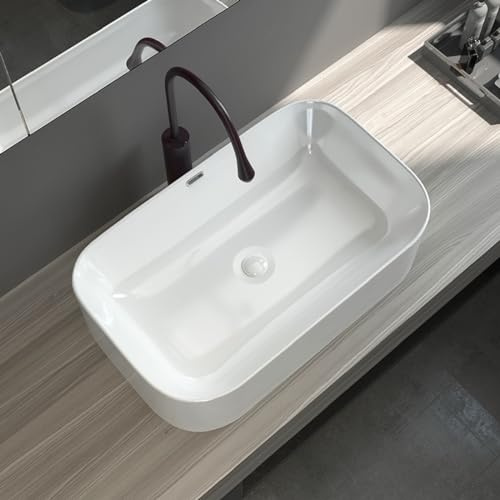 Grande lavabo rettangolare da bagno con rubinetto, in ceramica lucida per installazione su appoggio, elegante lavabo sopra il bancone, per casa e hotel (bianco, 56 x 38 x 18 cm)