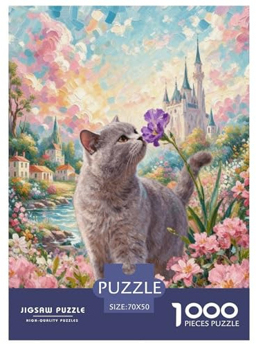 Puzzle Chat Gris 1000 Pièces pour Adultes Et Enfants, Jeu D'Intelligence, Casse-tête Buisson Fleuri Château, DéCoration, Cadeau Famille 70x50cm/1000pcs