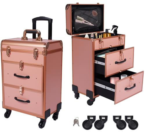 3 in 1 Cosmetic Train Cases Rolling on Wheels Makeup Train Case 𝐰𝐢𝐭𝐡 𝐃𝐫𝐚𝐰𝐞𝐫𝐬 𝐚𝐧𝐝 𝐂𝐥𝐞𝐚𝐫 𝐌𝐚𝐤𝐞𝐮𝐩 𝐁𝐚𝐠,3-Layer Large Nail Cart & Organizer for Makeup Artists,Nail Technicians