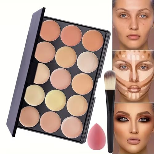 15 Farben Concealer-Palette, Creme-Kontur-Concealer-Set mit Pinsel und Schwamm, vielseitige Highlight-Camouflage-Kontur, langanhaltende Make-up-Palette zum Kaschieren von Rötungen und Augenringen