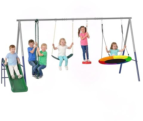 AIYAPLAY Balançoire Portique 5 en 1 avec Toboggan 350 Kg Multicolore