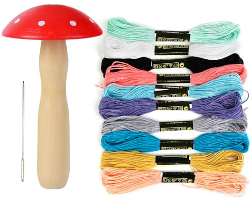 Wood Darning Mushroom Kit with Thread and Needles, Cute Design, Ideal for Repairing Socks, Hats, Scarves, Clothes, 10 Color Threads
