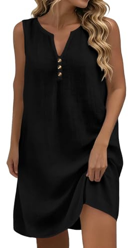 Linen Dresses for Women UK V Neck Sleeveless Mini Dress Plain A Line Sundress Button Detail Casual Dresses Lightweight Breathable Loose Fit Ladies Dress Home Daily Commute Relaxed Wear