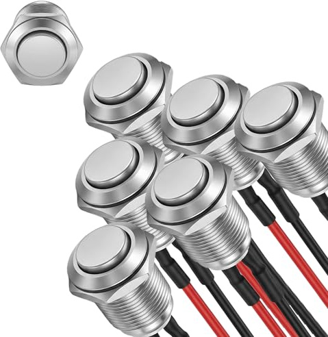 Stalora 6 Stück Wasserdichte Drucktaster Momentaner Edelstahl Taster EIN/AUS 12mm 12V/24V/230V Schalter mit Kabel für Auto Boot PC Klingelknopf