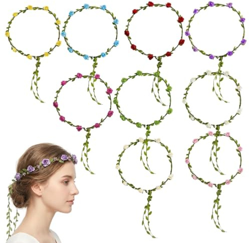 9 Stück Bunt Blumenkranz Haare Dünner Rahmen Haarreif Blumen Langem Band | Haarkranz Realistisches Blütenmuster, Haarkranz Blumen Flexibel Tragbar für Hochzeiten Kommunionen Geburtstage Partys