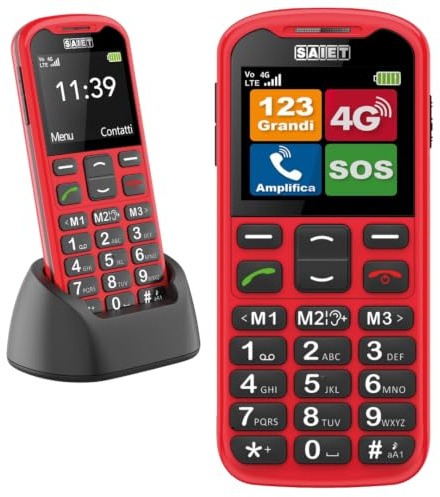 SAIET Next 4G Cellulare per Anziani con SOS, Tasti Grandi e Audio Forte | Telefono 4G VoLTE con Tasto SOS a 5 Numeri, Foto Contatti e Base di Ricarica, Display 2.2 a Caratteri Grandi - Rosso