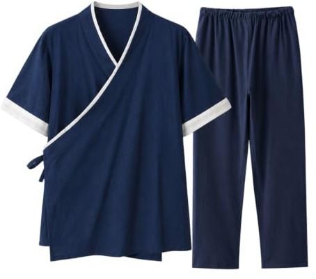 Herr te outfit set halv ärm öppen framsida topp och dragsko byxor vardag 2 delar set, marinblå, XL