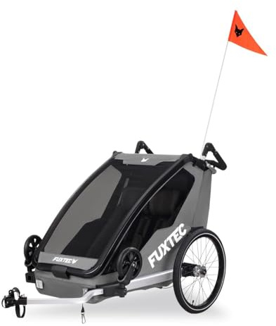 FUXTEC Fahrradanhänger FX-FA1 Sportfux mit 2 Sitzplätzen, Hecktasche mit Reflektoren, Schiebegriff, Regen- und Sonnenschutz, faltbar, grau