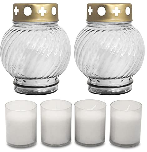 2er Pack Glas Grablampen durchsichtig mit Brenner und Deckel inkl. 4er Pack Ersatzbrenner Nr. 2, Grablicht, Grabkerze, Grableuchte, Grablaterne, Grabschmuck, Trauerlicht