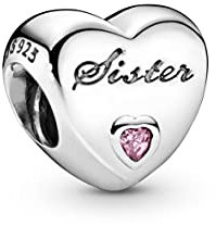 Pandora Icons Charm Cœur avec inscription « Sister » (Sœur) en argent avec zircones cubiques roses