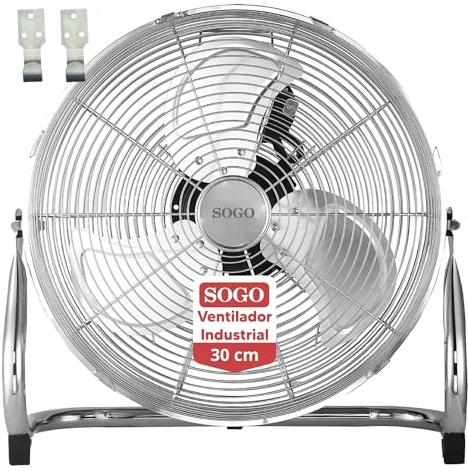 SOGO Ventilador De Suelo Semi Industrial 12 30cm Con Inclinación Ajustable - Ventilador Potente 55W 3 Velocidades Bajo Ruido - Con Asa Para Transporte Y Rejilla Seguridad - Aspas De Aluminio