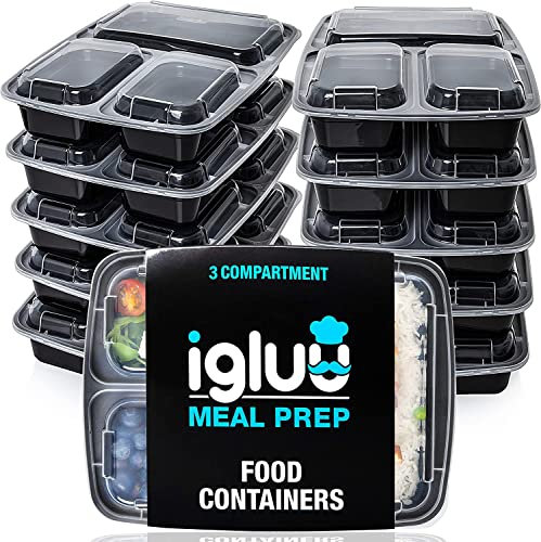 Igluu Meal Prep Containers Reusable (10 Pack) – Food Containers with Lids – Stackable, Microwave, Freezer & Dishwasher Safe – 946ml/32oz – 3 Compartment – BPA-Free