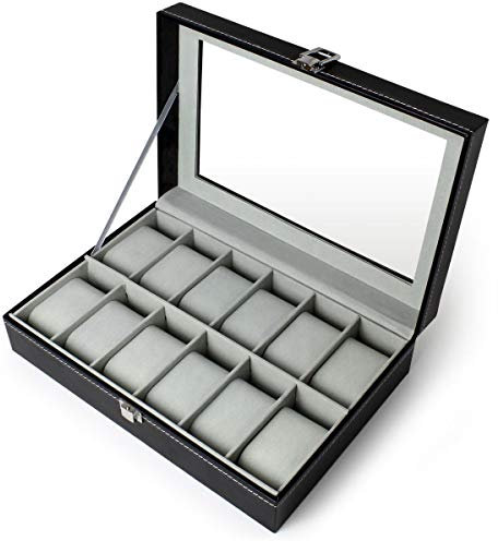 igadgitz home U7089 - Uhrenbox Uhrenkasten Uhrenkoffer - Schwarz - 12 Uhren