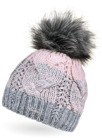 Neverless® Damen Strick-Mütze gefüttert Fleece-Innenfutter Fell-Bommel Kunstfell Winter-Mütze Bommelmütze Zopfmuster Mehrfarbig