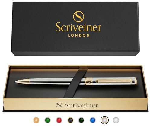 Scriveiner Kugelschreiber Hochwertiger Design Kugelschreiber in Silber mit 24 Karat Gold Details, schwarze Schmidt Ersatzmine, Geschenkbok, Büro set, Professionelle Kugelschreiber