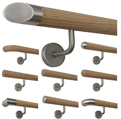 Montagefertiger sin Tratar Roble Pasamano (También para Exterior Idóneo) Ø 42mm con Angular Soporte Acero Inox. y Varios Endstücken - Longitud - Inclinado Edelstahlendstück, 130 mit 2 Halter