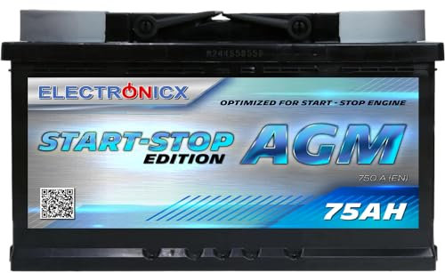 Electronicx Agm Autobatterie 75ah 12v - Wartungsfreie, Auslaufsichere Starterbatterie Für Start-stopp Fahrzeuge - Schnellladefähig Und Langlebig - 12v Agm Batterie Für Autos Und Transporter