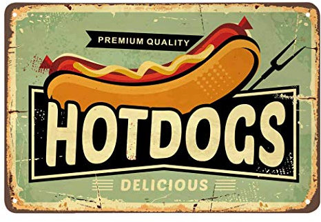 AOYEGO Hotdogs Tin Sign,Fast Food Delicious Restaurant Fork Bread Meat Sausage Vintage Metal Tin Signs for Cafes Bars Pubs Shop Wall Decorative Funny Retro Signs for Men Women 8x12 Inch