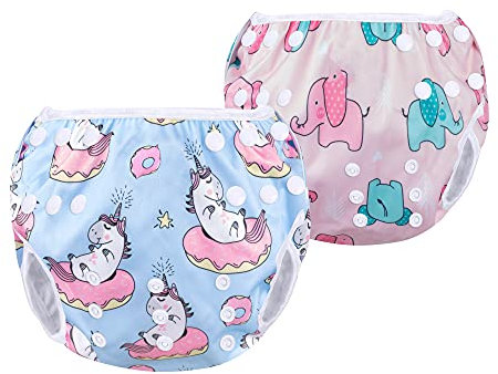 Luxja Riutilizzabile Pannolini da Nuoto (Confezione da 2), Impermeabile Pannolino Piscina, Costume Pannolino Neonato (0-3 Anni), Unicorno + Elefantino