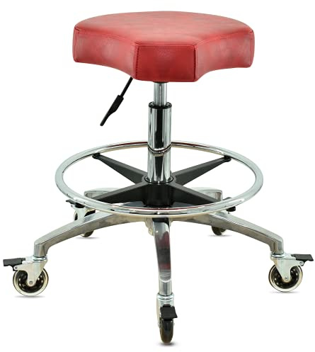VAKON SALON - Ergonomischer Rollhocker in Rot mit Fußring - Premium Rollen mit Bremse - Höhenverstellbarer von 55-75 cm - Arbeitshocker Praxishocker