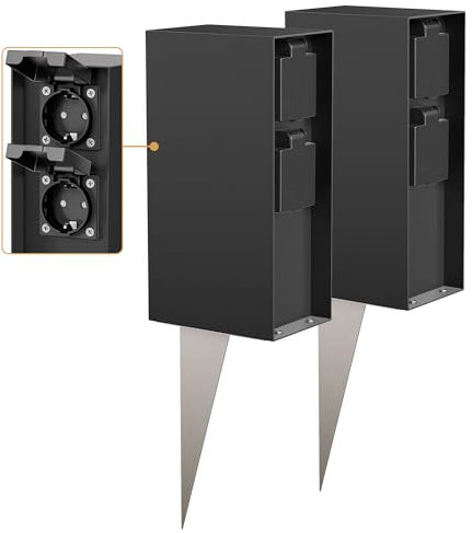 ledscom.de 2 Stück Garten-Steckdosen-Säule POMI mit Erdspieß für außen, IP44, 4-fach, schwarz, eckig, 23cm