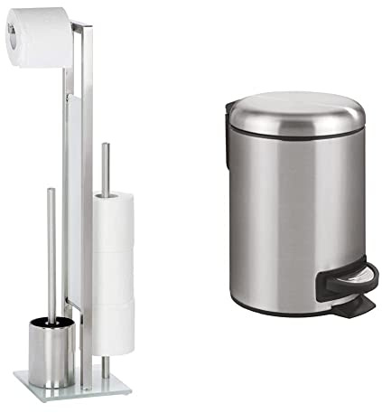 WENKO Stand WC-Garnitur Rivalta Edelstahl Matt, WC-Bürstenhalter & Kosmetik Treteimer Leman Easy Close Edelstahl 3L, mit Absenkautomatik und Anti-Fingerprint Fassungsvermögen: 17x25x22.5cm
