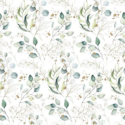 Keine Meterware, Stoffe zum Nähen für Kinder und Frauen, 100% Baumwolle: 0,5m Baumwollstoff mit Eukalyptus Blätter - Damen und Mädchen Stoff - mint gold weiß