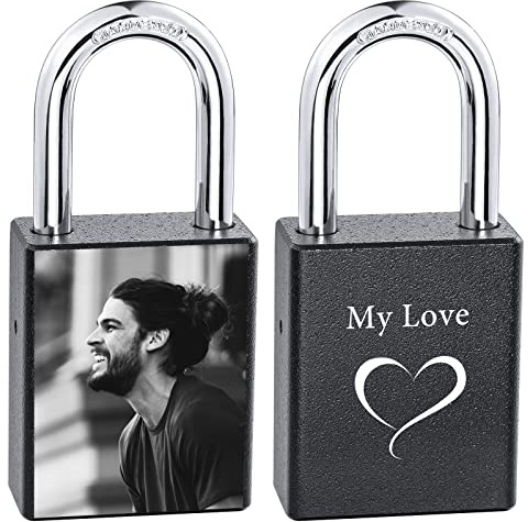 INBLUE Personalisiertes Liebesschloss, Individuelles Bild/Gravur, Foto für Paare, Freund, Freundin, Liebhaber, Aluminium, Erinnerung, Jahrestag, Valentinstag, Brücke, Vorhängeschloss mit Schlüssel