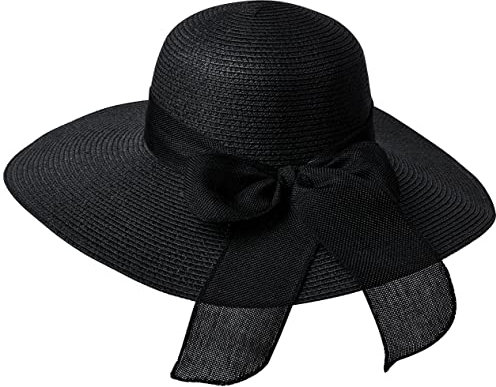 Miobo Damen Strohnut Sonnenhut Sommer versch.Farbe Schleife Hut Strandhut Krempenhut Schlapphut (Schwarz, ca.56~58cm Kopfumfang)