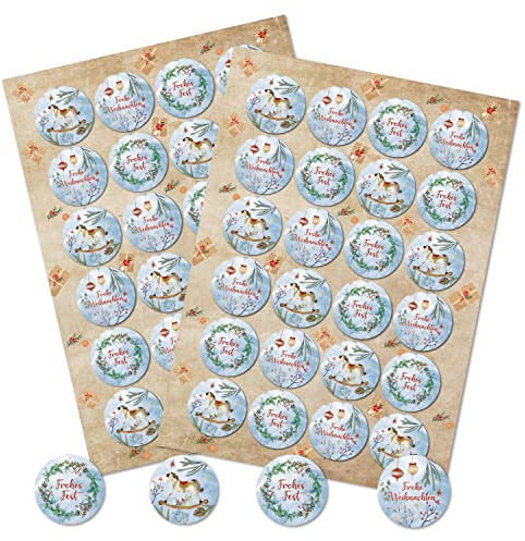48 Weihnachtssticker blau rot grün Weihnachtsdeko rund 4 cm Geschenkaufkleber Premium Made in Germany Logbuch-Verlag