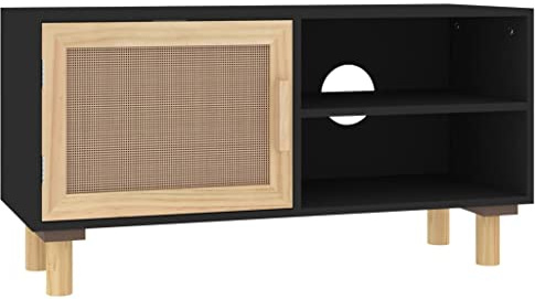 vidaXL TV Schrank Lowboard TV Möbel Sideboard Fernsehtisch Fernsehschrank HiFi-Schrank Schwarz 80x30x40cm Massivholz Kiefer Natur-Rattan