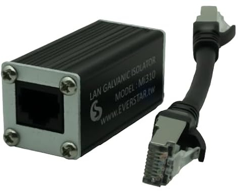 EverStar New MI-310 Metallic Housing Ethernet Galvanic Isolator + 6” Patch STP Cable (1+1pc Kit) for Apple/Android TV, Hi-Res Audio Systems (RJ45) | LAN Signal Noise Filter | Black