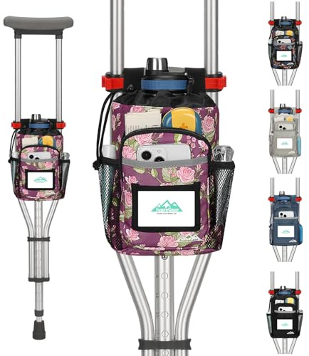 supregear Sac pour Béquilles, Sac de Rangement de Grande Capacité avec Porte-Gobelet et Poches Multiples, Imperméable pour Béquilles Sous le Bras, Floral Violet