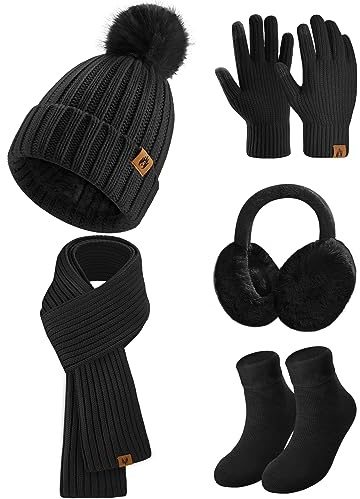 Niwicee stickad mössa och halsduk set 5 st skidutflykt set vinter plysch öronvärmare varm lång halsduk mössa hatt och pekskärm handskar set kvinnor termiska strumpor för skidåkning hatt utomhussport