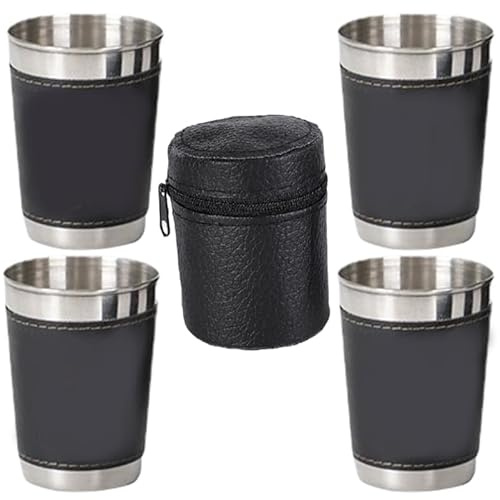 Didiseaon Portable Stainless Steel Camping Wine Cups Set with Leather Carrying Case, 70ml Capacity, Wear-Resistant Metal Drinking Cups for Beer Festival Season and Outdoor Use
