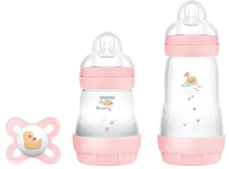 MAM Biberon Set Neonato con 2 biberon anticolica Easy Start 130 ml e 260 ml e Ciuccio Original Start, Riduce bolle d'aria e il rischio di coliche, Accessori neonati con tettarella in silicone, Rosa