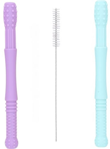 Nopperz Zahnungshilfe mit Beißring Beissröhrchen Baby Doppelpack - Linderung und Farbenfreude für glückliche Babys auf dem Weg zu den ersten Zahnen BPA-FREI aus Silikon Lila und Blau