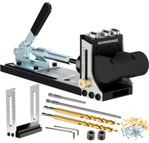 GOINGMAKE All Metal Pocket Hole Jig Kit,Pocket Hole Screw Jig System | with Quick Clamp and Dust Collection, 3 Holes One Time, 3/8 Inch Accurate Adjustable Drill Guide Woodworking Tool