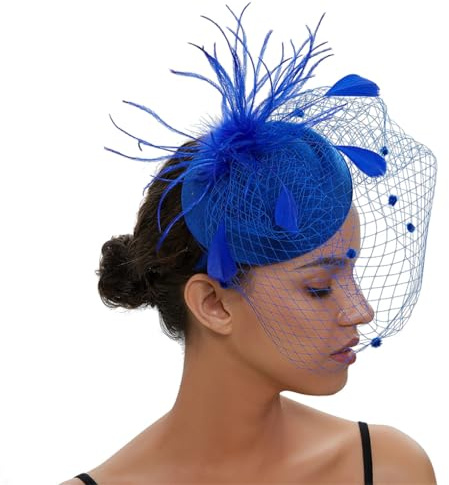 Zadaos Fascinator für Damen, Cocktail, Hochzeit, Party, Kirche, Kopfbedeckung mit Schleier, Feder, Haarschmuck, Braut, königsblau, Einheitsgröße
