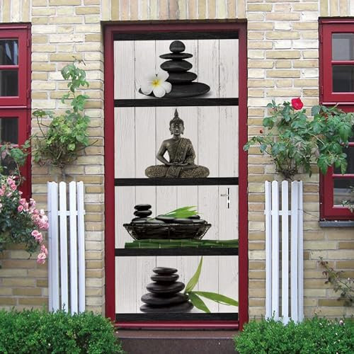 Türtapete Selbstklebend Buddha-Statue Aus Stein Mit Bambusblättern 77 X 200 Cm Türaufkleber 3D Türposter Selbstklebend Wandbild Fototapete Türfolie Poster Tapete - Kinderzimmer Wohnzimmer Küch 0