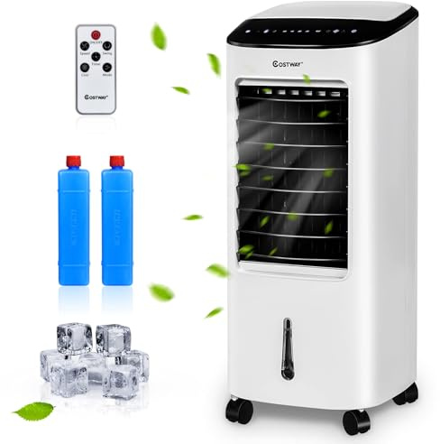 COSTWAY Enfriador de Aire portátil Acondicionador de aire móvil con Ruedas / 65W / Tanque de 7L / Temporizador de 7,5H / Control Remoto / 2 Cajas de Hielo