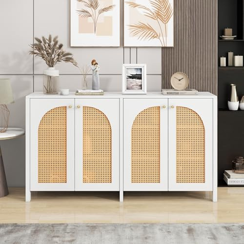 Merax Modernes Sideboard,vielseitiger Buffetschrank,Schließfach,Anrichte mit 4 Rattantüren und Metallgriffen,für Esszimmer, Wohnzimmer & Küche, Weiß