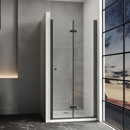 IMPTS Duschtür Falttür 100cm Schwarz Nischentür Duschabtrennung Nische Drehtür Dusche Drehfalttür Rahmenlos 180° Faltbar mit 6mm ESG-Glas, Höhe 185cm