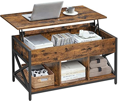 VASAGLE Couchtisch, höhenverstellbarer Wohnzimmertisch, Kaffeetisch, mit verstecktem Stauraum und offenen Fächern, Stahlgestell, 50 x 100 x (46,5-62) cm, vintagebraun-schwarz LCT202B01