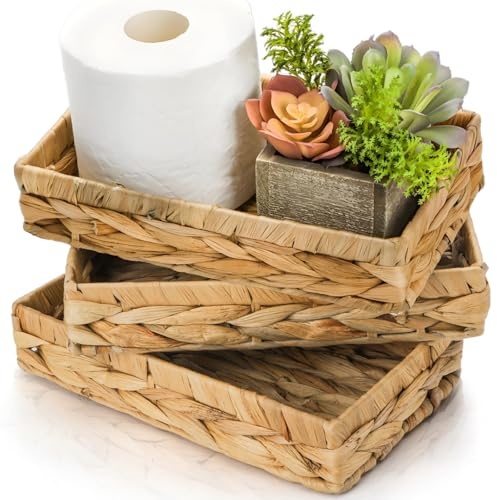 Eorbow Paquete de 3 bandejas de almacenamiento de mimbre, bandejas de tocador de ratán de 10 pulgadas, soporte de papel higiénico tejido a mano para toalla de baño, organizador rectangular de jacinto
