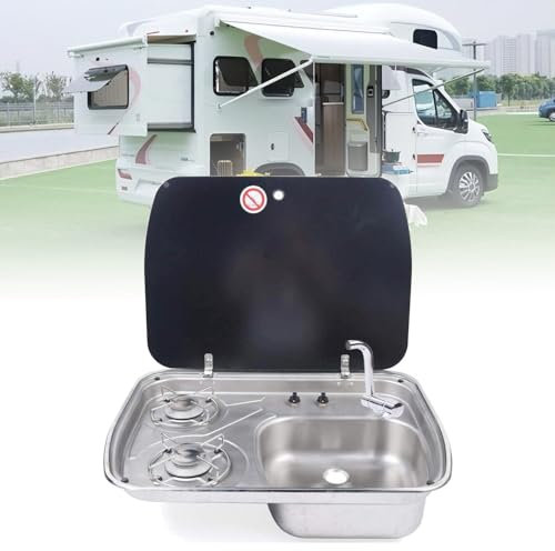 HpJfdsU Portable Gas Stove with Sink Combo, 2 Burner, LPG Fuel, Stainless Steel & Tempered Glass, 600 x 445 x 145 mm, Camping Stove